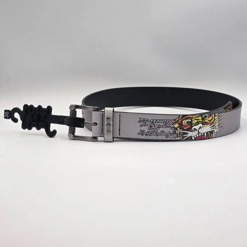 Ed Hardy Love kills Slowly Men's Size 36 Belt Black Gray Studded Graphic New